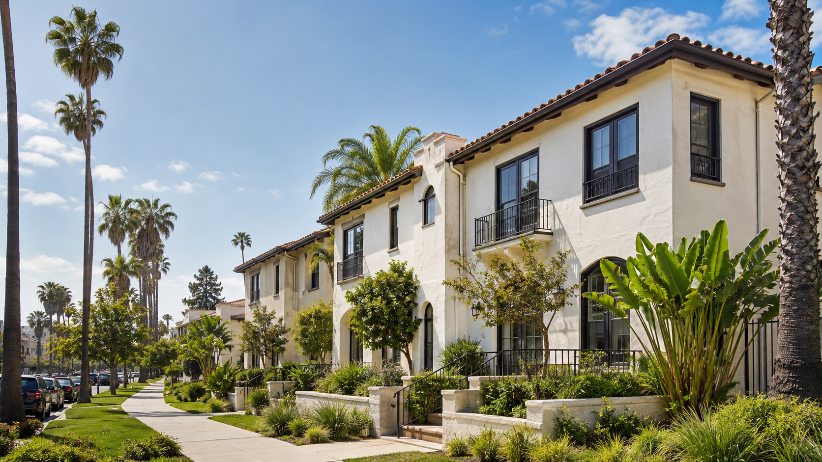 Southern California multifamily apartment building on a palm-lined street